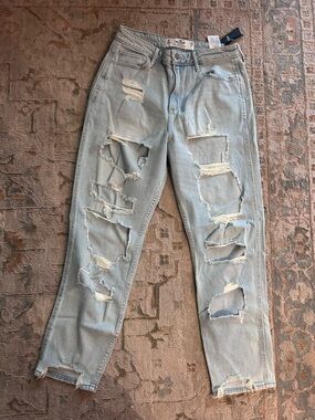 Hollister Light Blue Distressed curvy high rise mom Jean